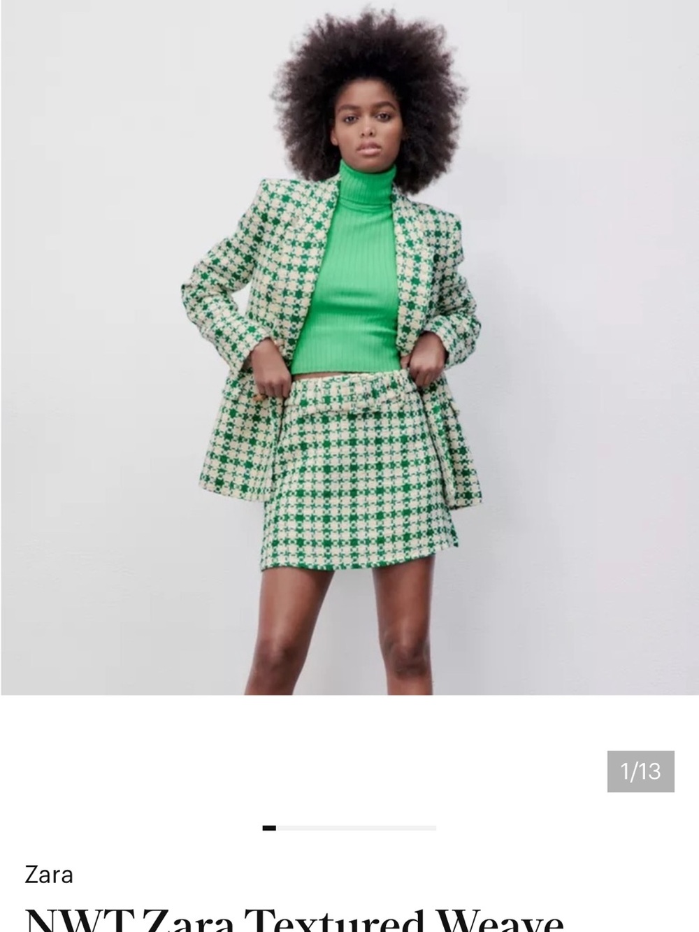 Zara Belted Green and White Tweed Skirt